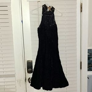 Long formal backless dress high neck embellishment velvet adjustable EUC